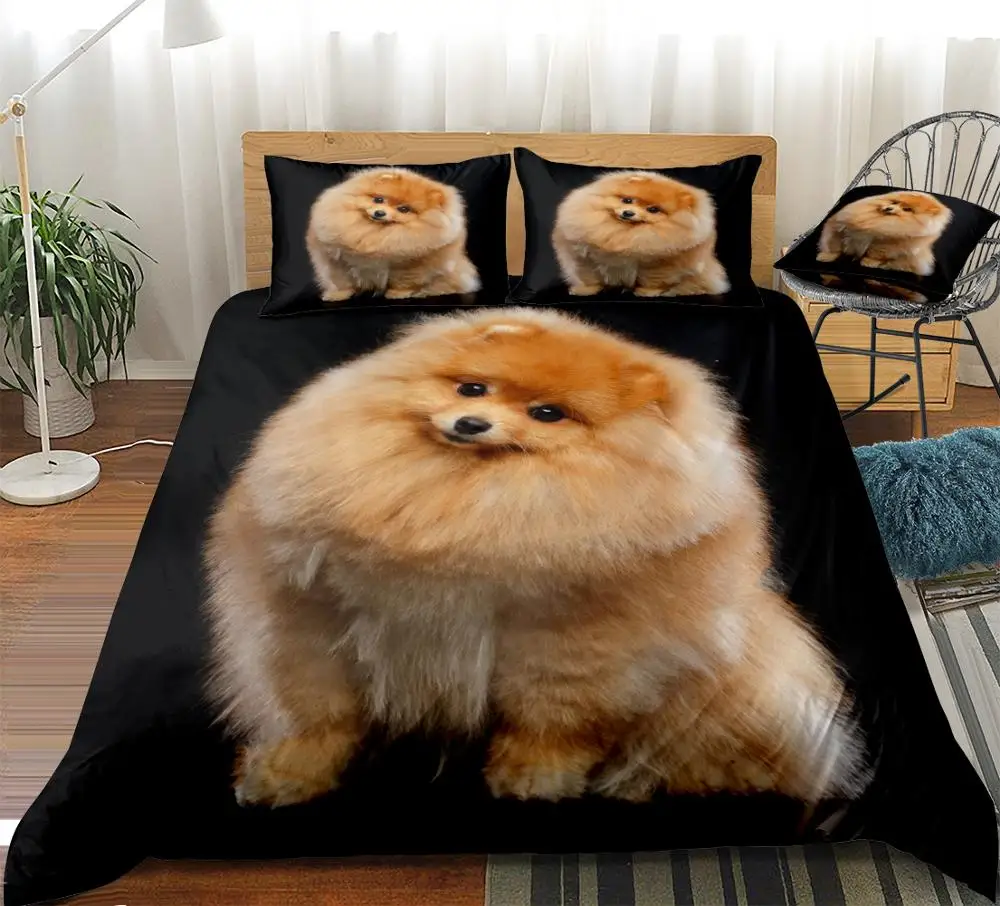 3D Pomeranian Duvet Cover Set Cute Dog Bedding Set Kids Boys Girls Pet Quilt Cover Black Queen Animal Home Textiles Dropship