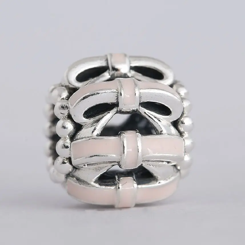 

Winter New Pink Enamel Openwork Bow knot Charm Beads 925 Sterling Silver Christmas Gift Charms Fits Pandora Charm Bracelets