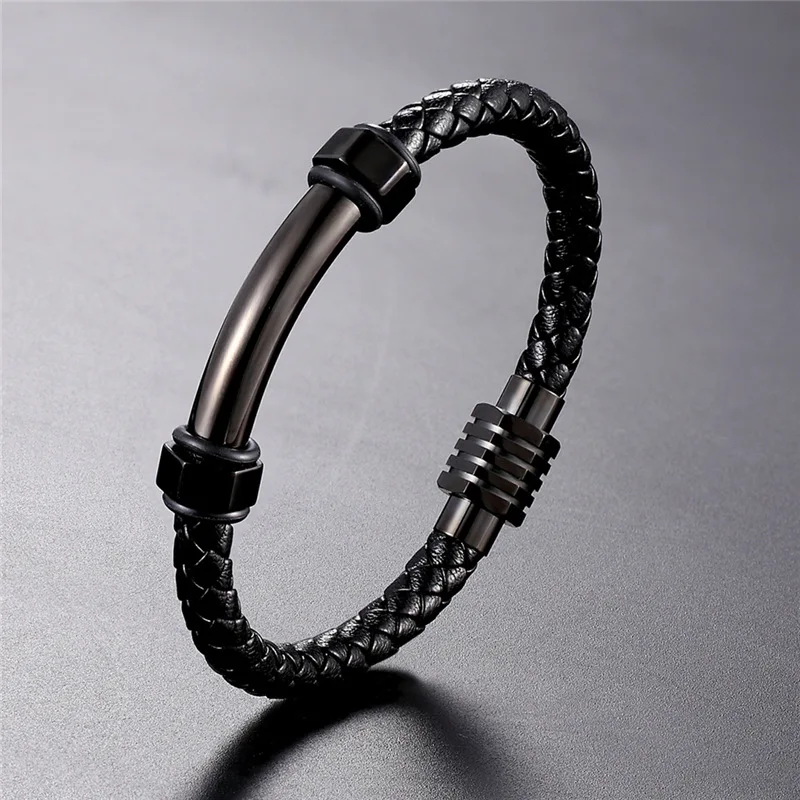 High Quality Trendy Bracelet Men Jewelry Black Braided Leather Handmade Bracelet Stainless Steel Magnetic Clasps Punk Wristband