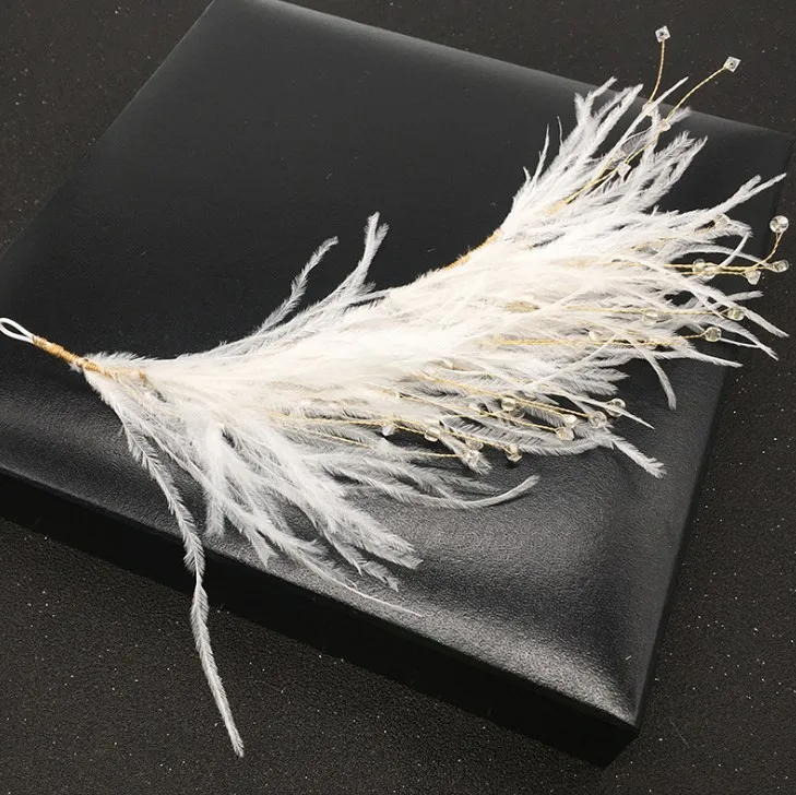 Women Girls Fashion White Feather Beaded Pageant Hair Band Girl Summer Style Hair Accessories Wedding Prom Party Headband