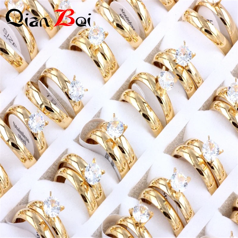 QianBei Wholesale 4sets Fashion 4MM Charm Jewelry Gifts Ring Men Stainless Steel Golden Color  Rings For Women Man