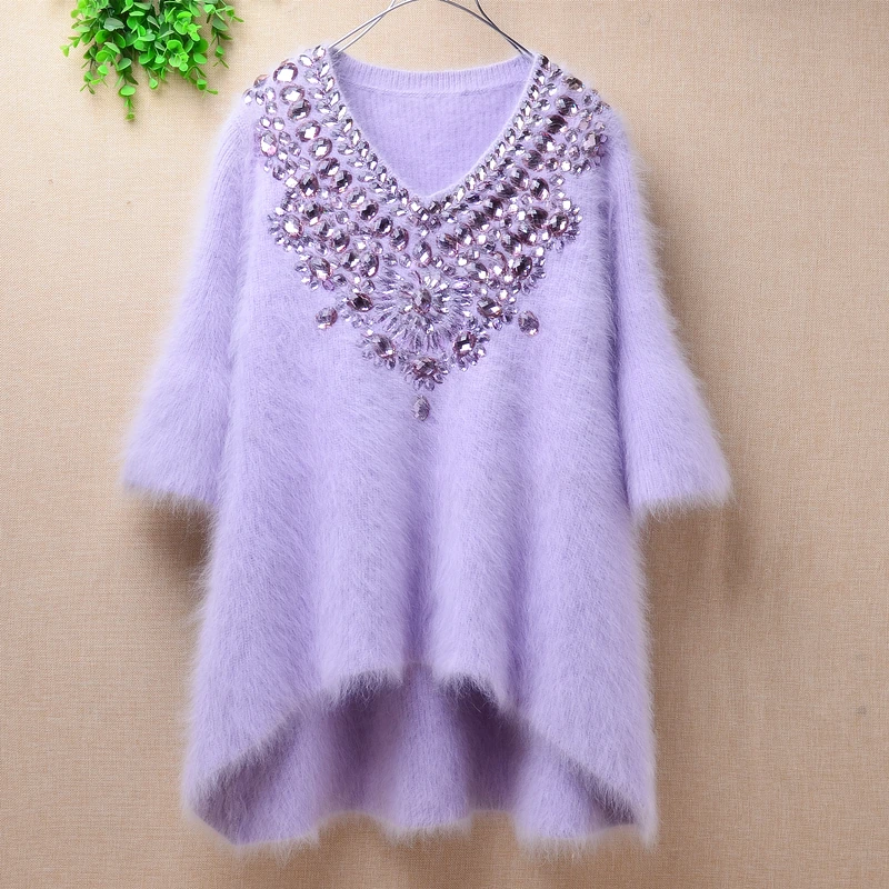 Women fashion thick mink cashmere knitted jumper sequined diamonds vintage sweater half sleeves angora rabbit fur pullover China