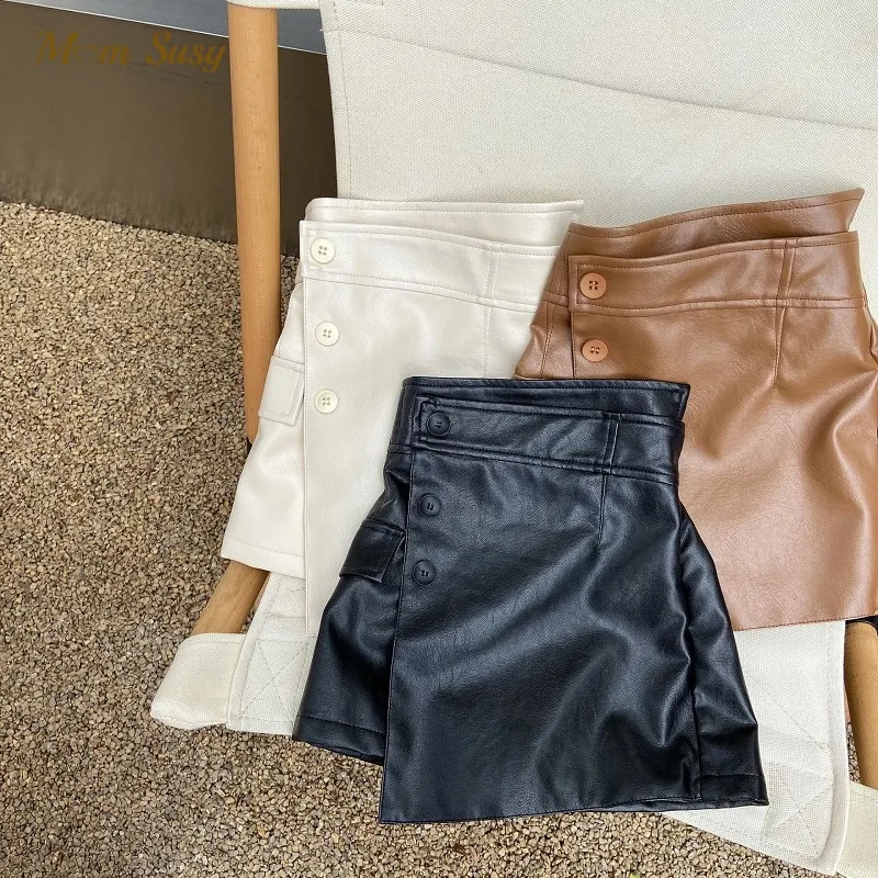 Fashion New Girl PU Leather Skirt Shorts Infant Toddler Child Button Irregular Short Wide Leg Brown Black White Baby Clothes1-7Y