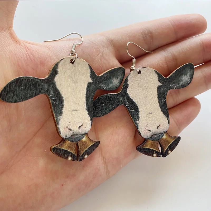 Colored Natural Wood Cow Rabbit Cat Drop Earrings for Women Trendy Chic Wooden Animal Earrings Christmas Jewelry Wholesale - Image 4