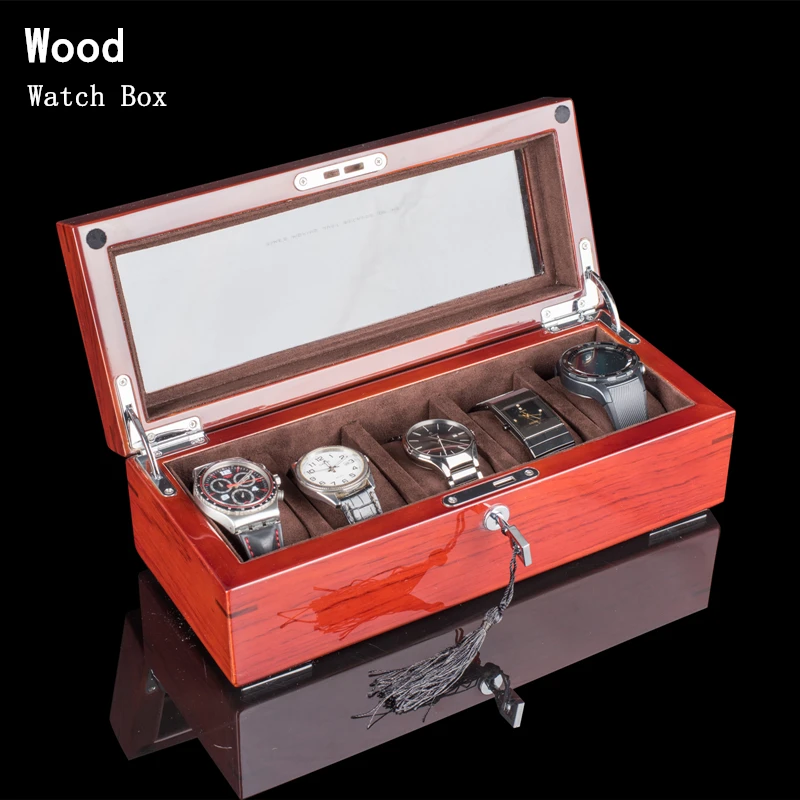 

5 Slots Wood Watch Case Storage Box Red Watch Box Organizer With Lock Wooden Watch Display Jewelry Gift Box