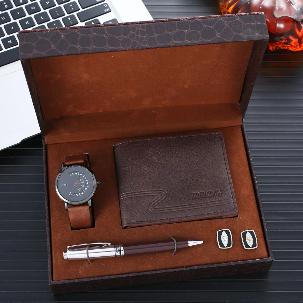 

Luxury Men's Leather Quartz Watch Gift Wallet Stud Earrings Pen Set Christmas Valentine's Day Gift with Box Relogio Masculino