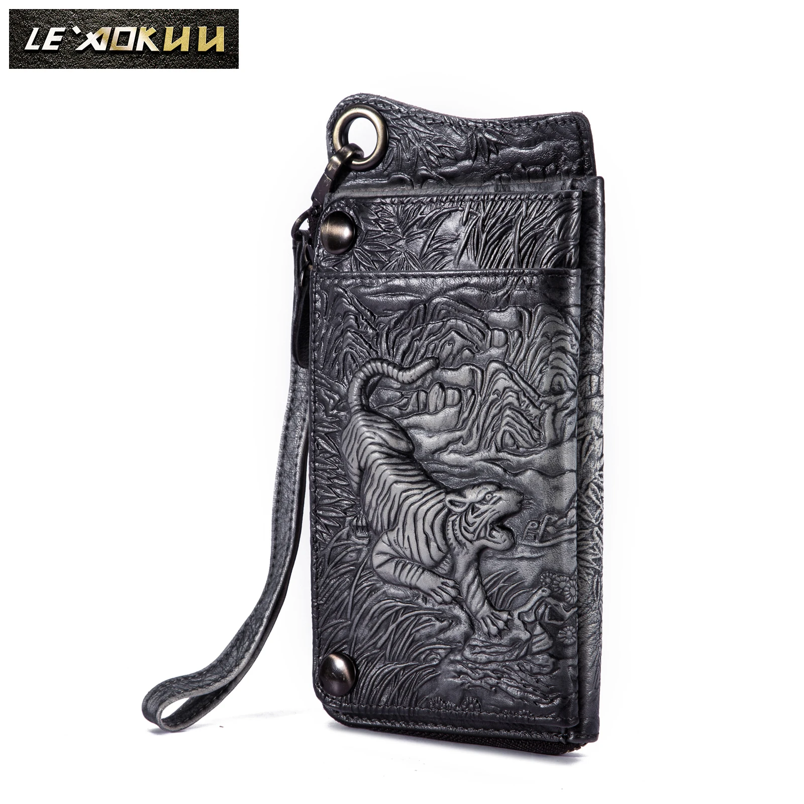 Fashion Male Organizer Leather Design Tiger Emboss Checkbook Chain Zipper Pocket Wallet Purse Clutch Phone Sleeve Men ck001-1bt
