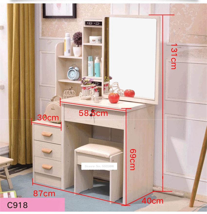 C918/C501 Simple Modern Dresser Household Bedroom Dressing Table Density Board Makeup T able With Mirror Drawer Lock Stool