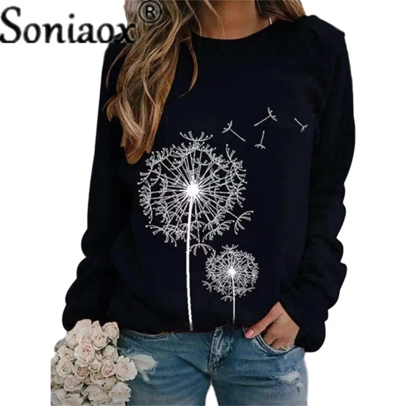 2021 Autumn Winter Women New Dandelion Print Round Neck Long Sleeve Sweatshirt Ladies Fashion Loose Casual Pullover