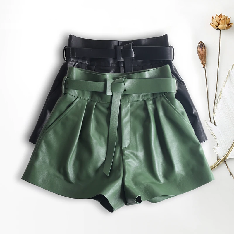 Women Harajuku Genuine Leather Bud Pleated Falbala Shorts With Belt Femme High Waist Hhaki/Green Casual Mujer Sexy Booty Shorts