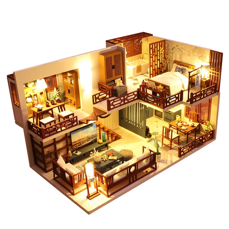 Kids Toys Diy Dollhouse Assemble Wooden Miniatures Doll House Furniture Miniature Dollhouse Puzzle Educational Toys For Children