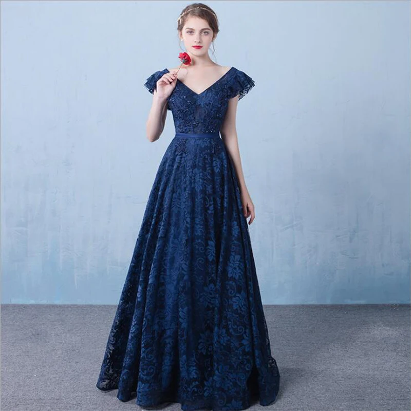 Neue Vintage Abendkleid Navy Blau Tüll Sexy V-ausschnitt A-Line Lange Prom Party Kleider