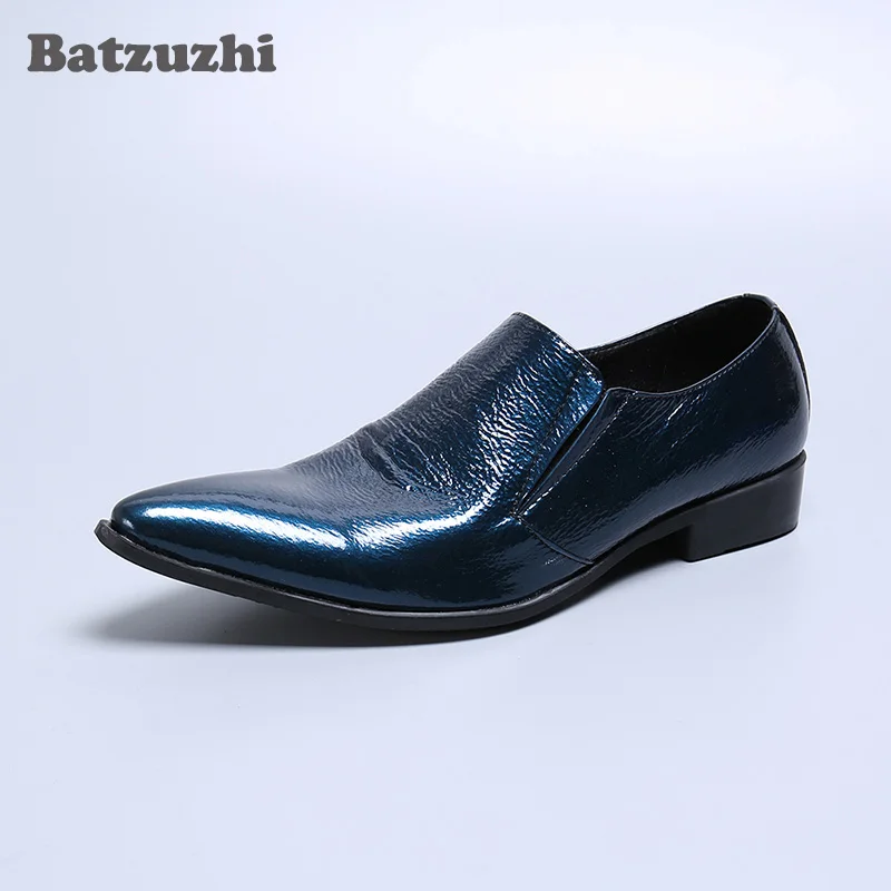 Batzuzhi Blauwe lederen kledingschoenen Heren Luxe herenschoenen Puntschoen Formele zakelijke leren schoenen Heren Feest en bruiloft