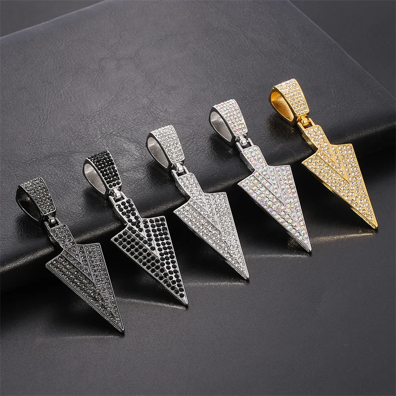 Men's Fashion Hip Hop Jewelry Gold black Silver Color Arrow Head Pendant Long Chain Necklace Rhinestones  Cuba chain Pendant