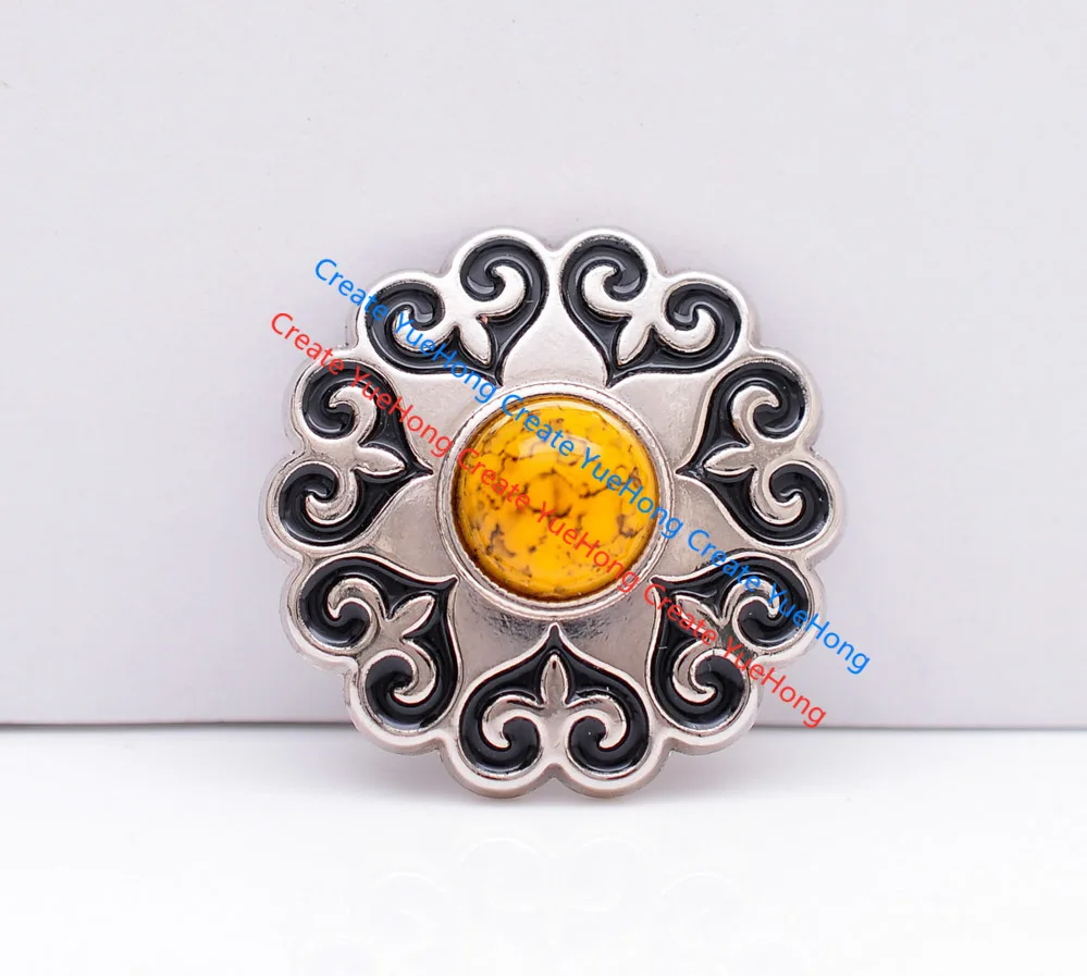 10X 30MM Silver Western Biker Punk Flower Engraved Yellow Beads Leathercraft Belt Saddle Concho Screwblack Decoration