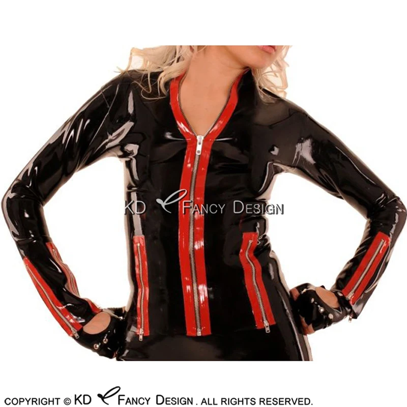 Black And Red Trims Sexy Latex Jacket With Cuff Zippers Rubber Coat Shirt Clothings YF-0109