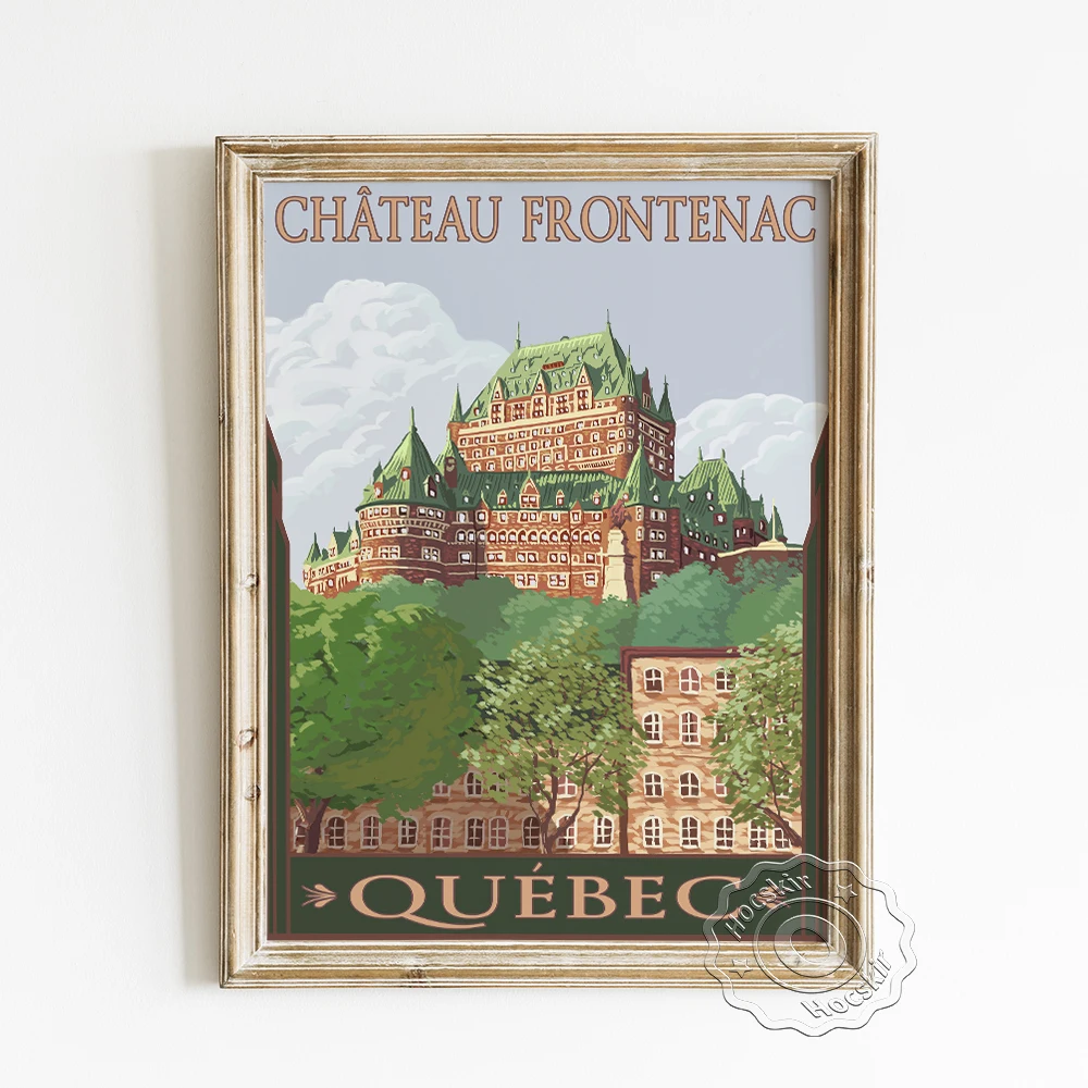 Canada Quebec City Travel Poster, Chateau Frontenac Tourist Attraction Canvas Painting, Castle Landscape Vintage Wall Picture