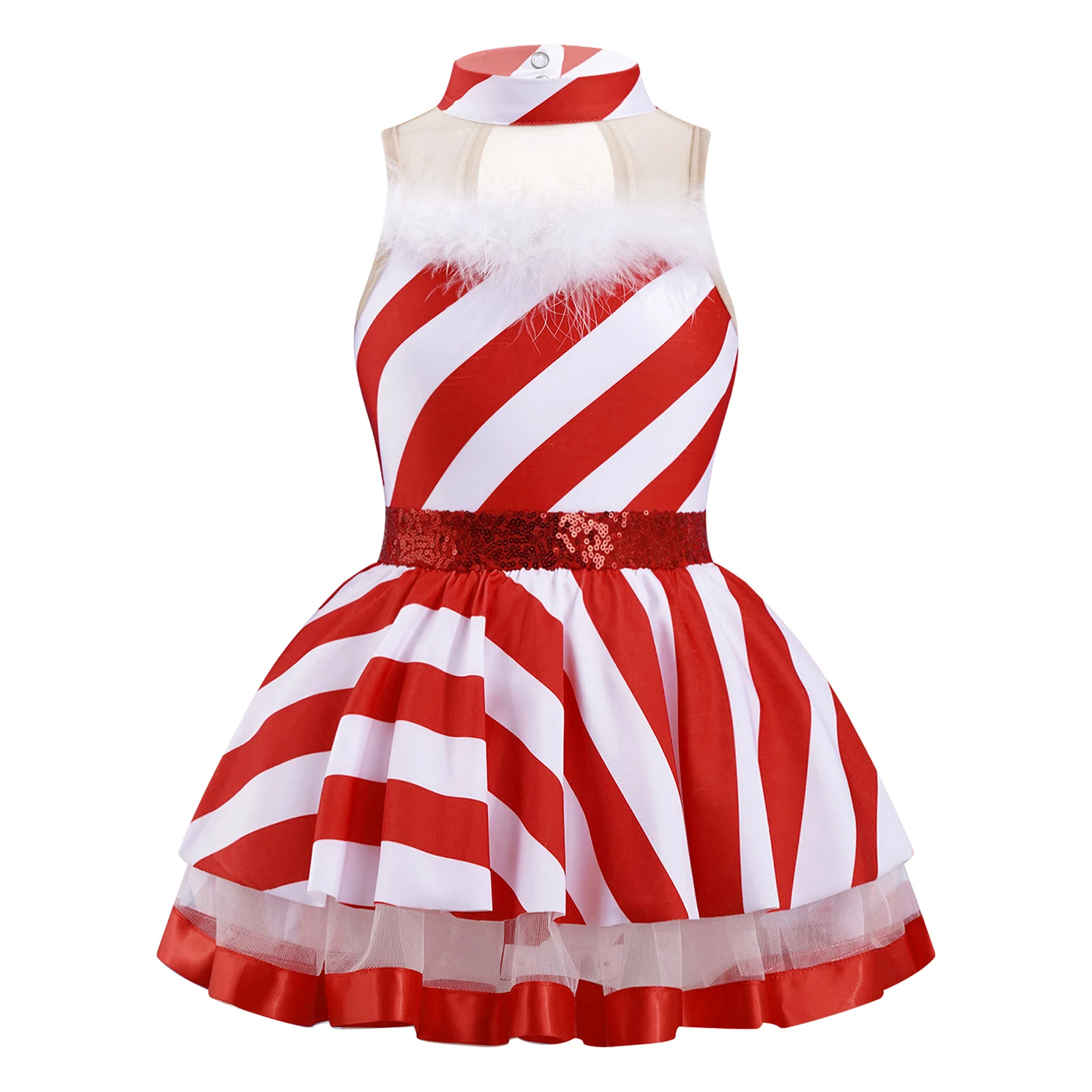 Kids Girls Santa Claus Xmas Christmas Costume Sleeveless Keyhole Back Mesh Stripes Print Dress New Year Party Cosplay Outfits