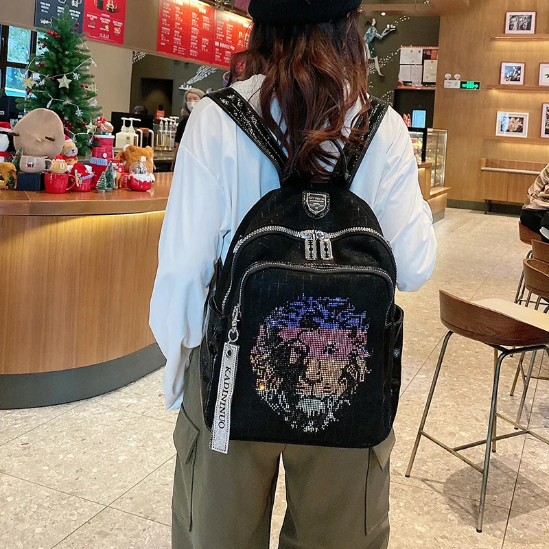 Woman Backpack Vintage PU Leather Dual Purpose Backpack High Capacity Girls School Bag Fashion Rhinestone Sequin Elegant Bagpack