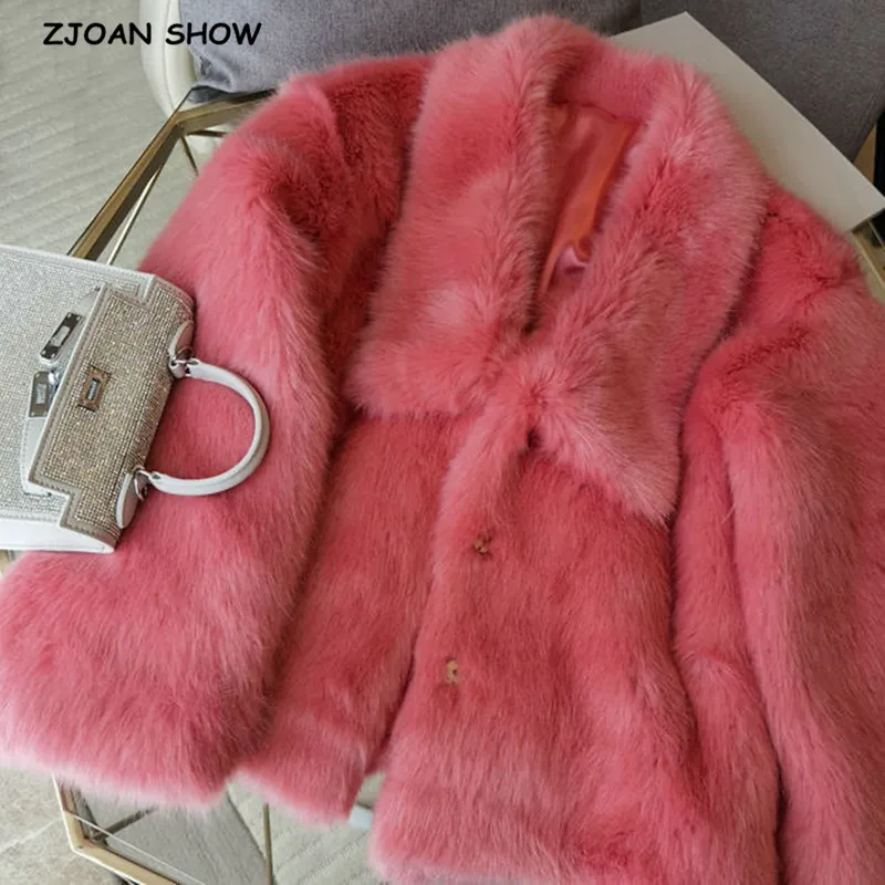 Winter Turn down Collar Lapel Hairy Shaggy Soft Faux Fur Coat Green Women Long Sleeve Furry Fur Warm Jacket Short Outerwear