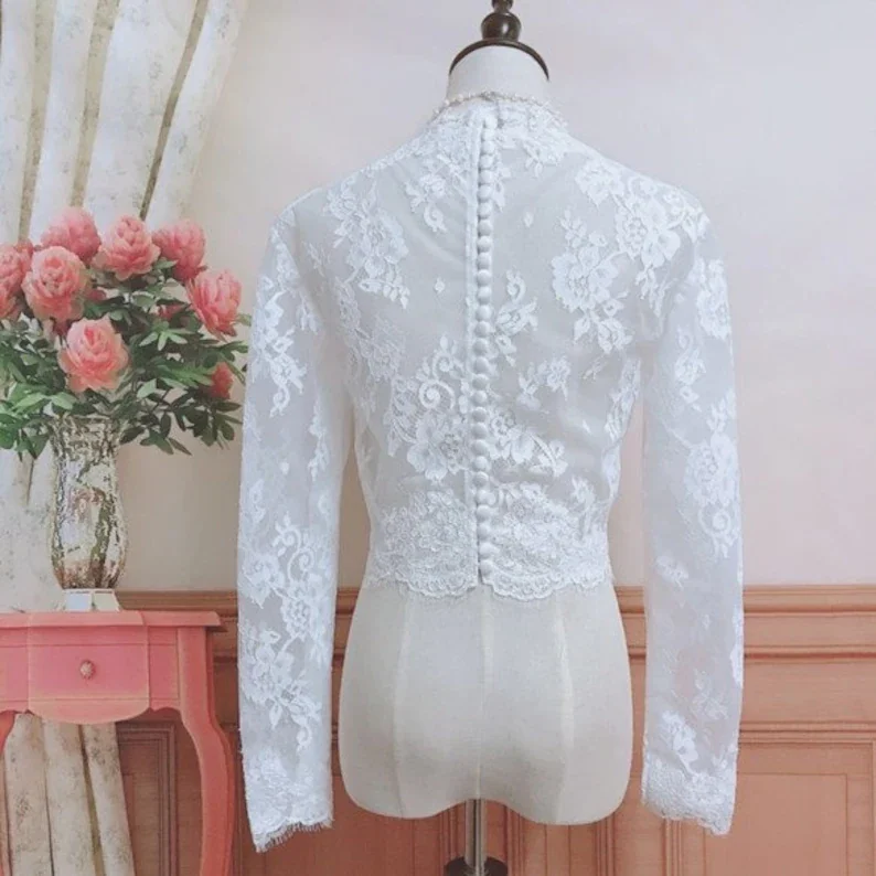 GOHYPDUG 2021 New Wedding Jacket Lace Applique White Ivory Long Sleeve Bridal Bolero Jackets Top Wedding Wrap