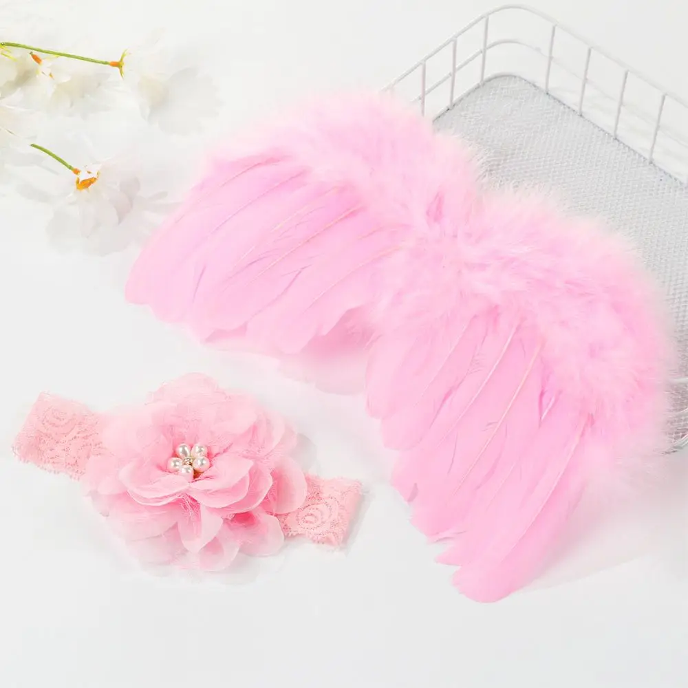 2 pçs/set bonito recém-nascido asas de penas de anjo com bebê menina rosa flor bandana acessórios para o cabelo para fotografia infantil adereços