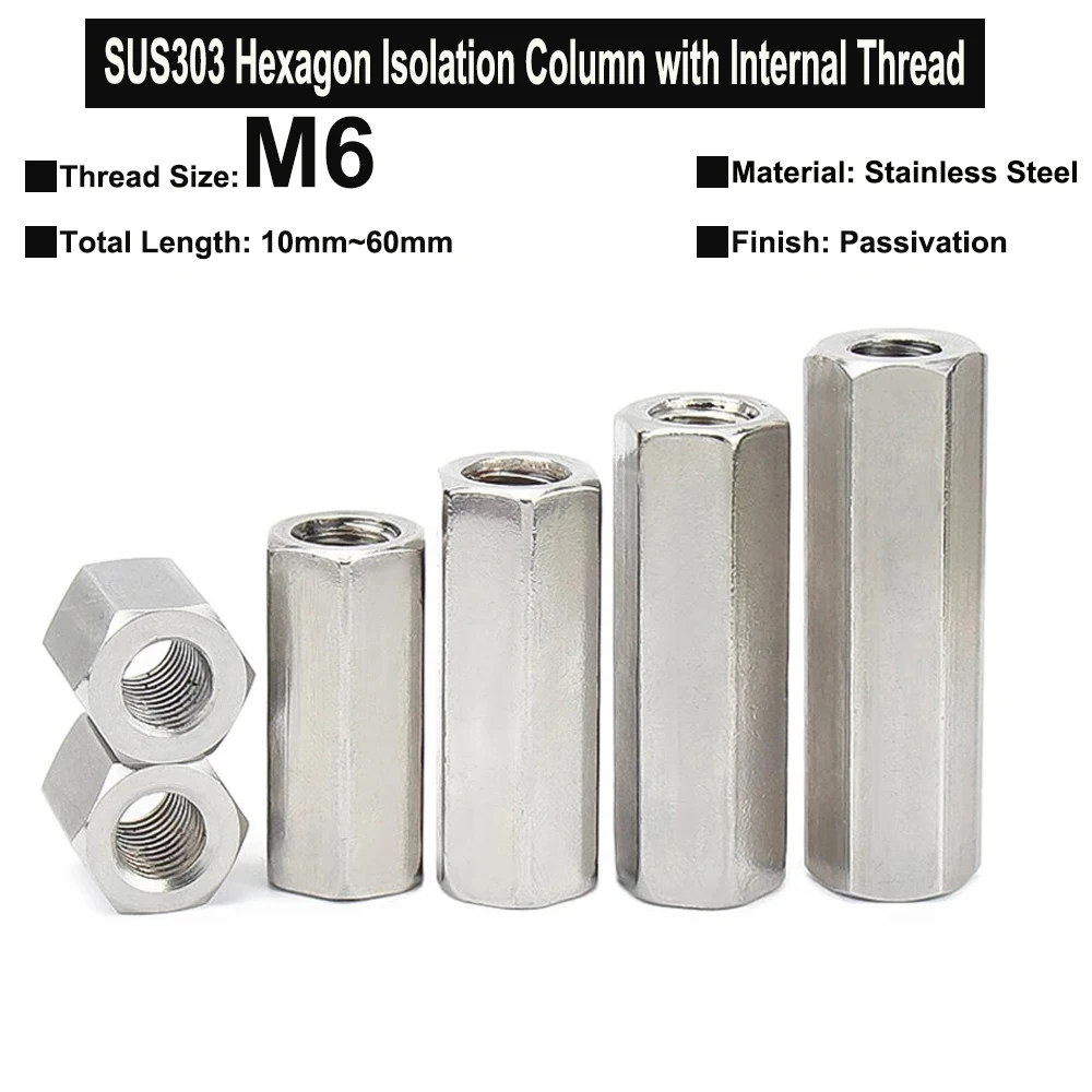 Yiqianyuan M6x1.0 SUS303 Stainless Steel Female Standoff PCB Motherboard Spacer Screws Isolation Hexagon Coupling Long Nuts