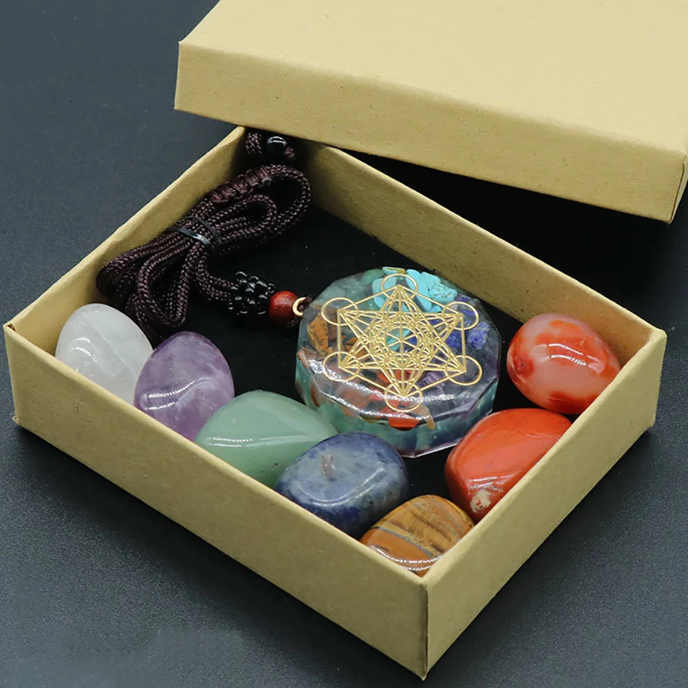 

7 Chakra Stones Orgone Energy Generator Healing Crystals Metatron Cube Resin Pendant Spiritual Enhance Set Gift Box