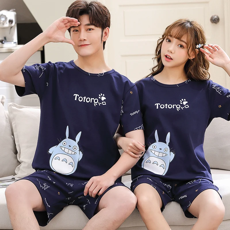 Summer Cotton Women Pajamas Set Cartoon Pijama Mujer Men Short Sleeve Casual Sweet Cute Sleepwear M-4XL Couple Pyjamas