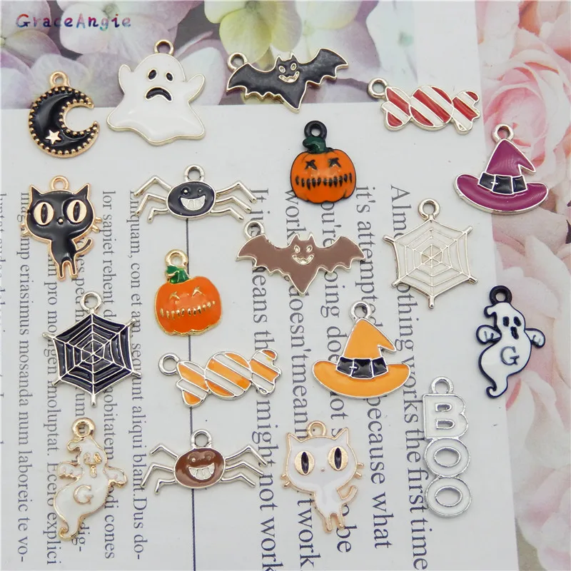 19Pcs Enamel Alloy Halloween Pumpkin ghost hat Charms Pendant bracelets necklace earring key chain DIY decoration Jewelry Making