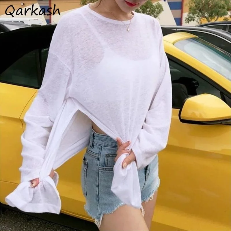 T-shirts Women Side-slit Design Summer Sheer Chic Popular Students Streetwear Pure Color Thin Sunscreen Loose Soft Ins Korean