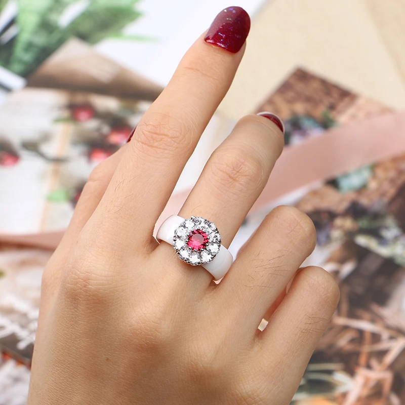 New Big Crystsal Women Rings Red White Crystal CZ Wedding Ceramic Rings Never Fade Healthy Ceramic Jewelry Gift for Women