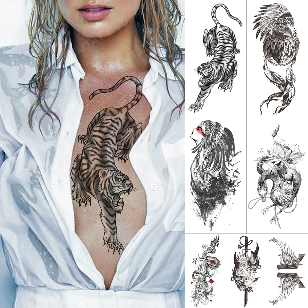 

Waterproof Temporary Tattoo Sticker Tiger Old School Animals Flash Tattoos Prajna Sword Eagle Forest Body Art Arm Fake Tatoo