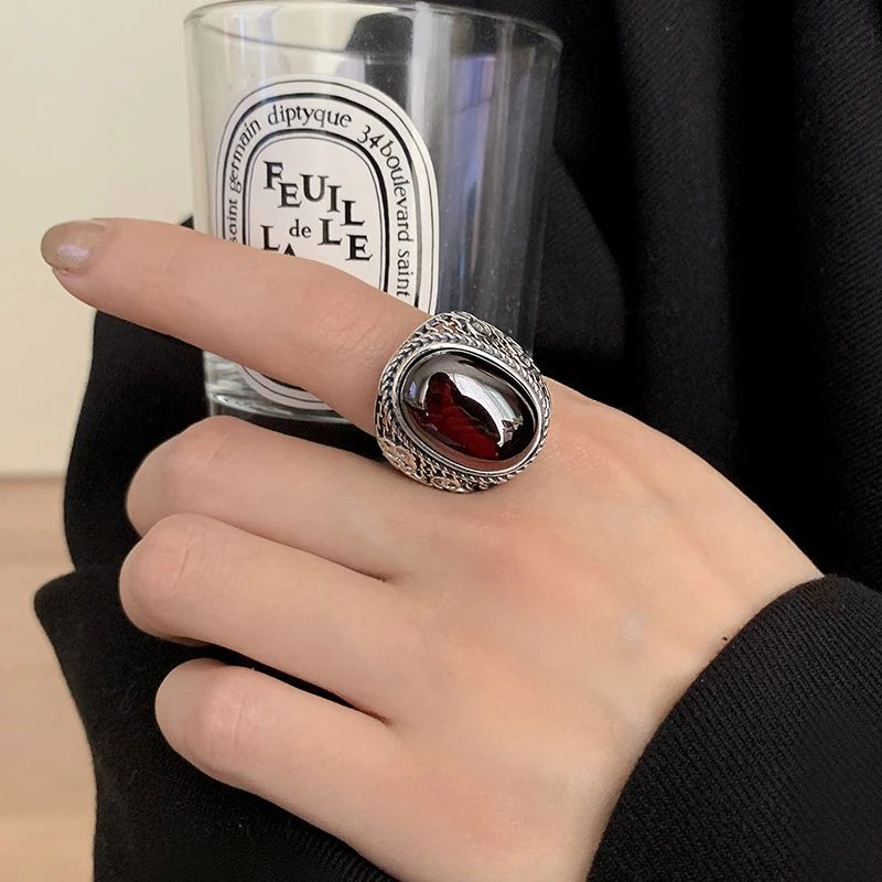 FOXANRY Silver Color Red Zircon Ring for Women Trendy Elegant Hollow Geometric Vintage Handmade Luxury Ring Party Jewelry