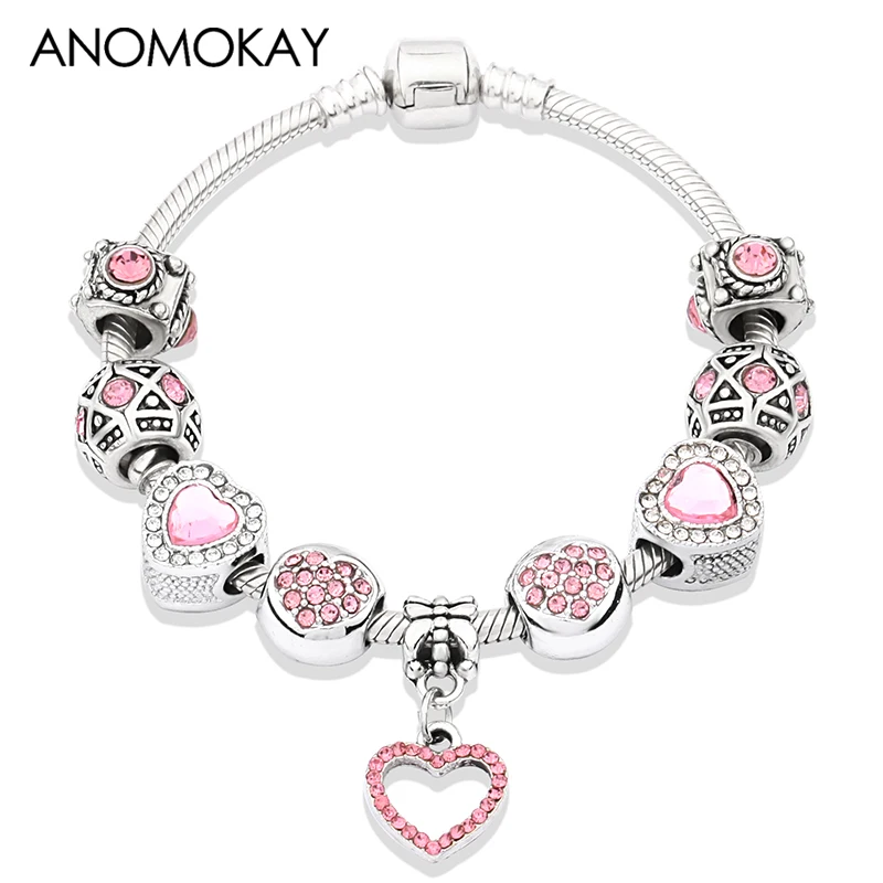 2019 Hot Valentine's Day Romantic Pink Love Heart Charm Bracelet Pink Crystal Fashion Women's Girl's Bead Bracelet with Heart