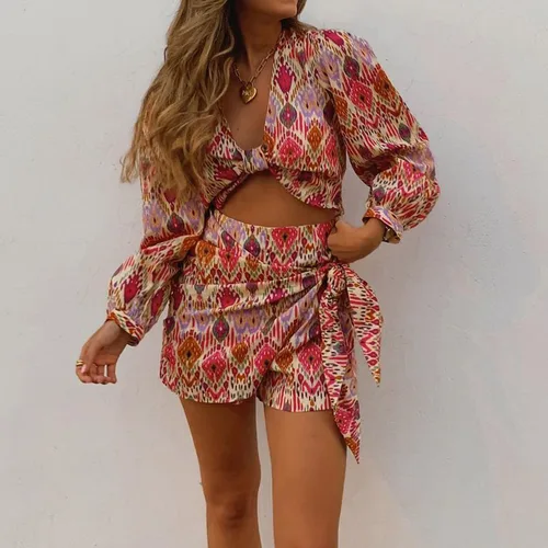 XEASY-Conjunto de dos piezas de Estilo Vintage para mujer, Blusa de encaje con cuello en V, Falda corta informal de cintura alta, verano 2021