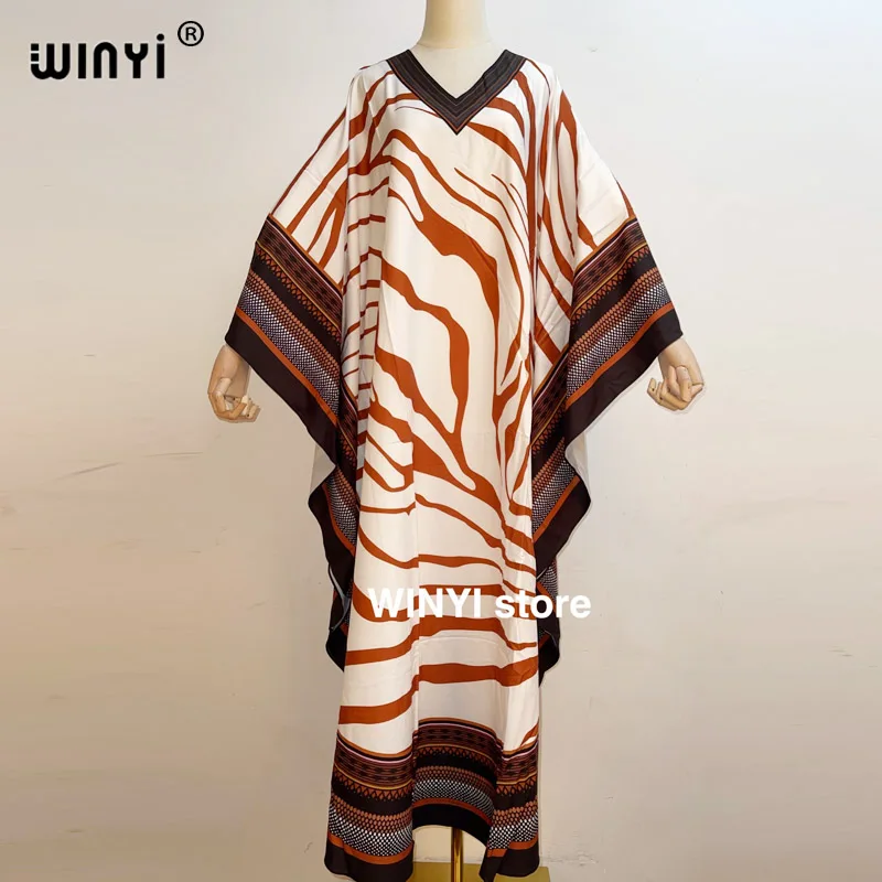 

WINYI 2021 New Spring Bohemian Print Women's Dress Women Batwing Sleeve Floor Length Over Size Elegant V Collar Clothes