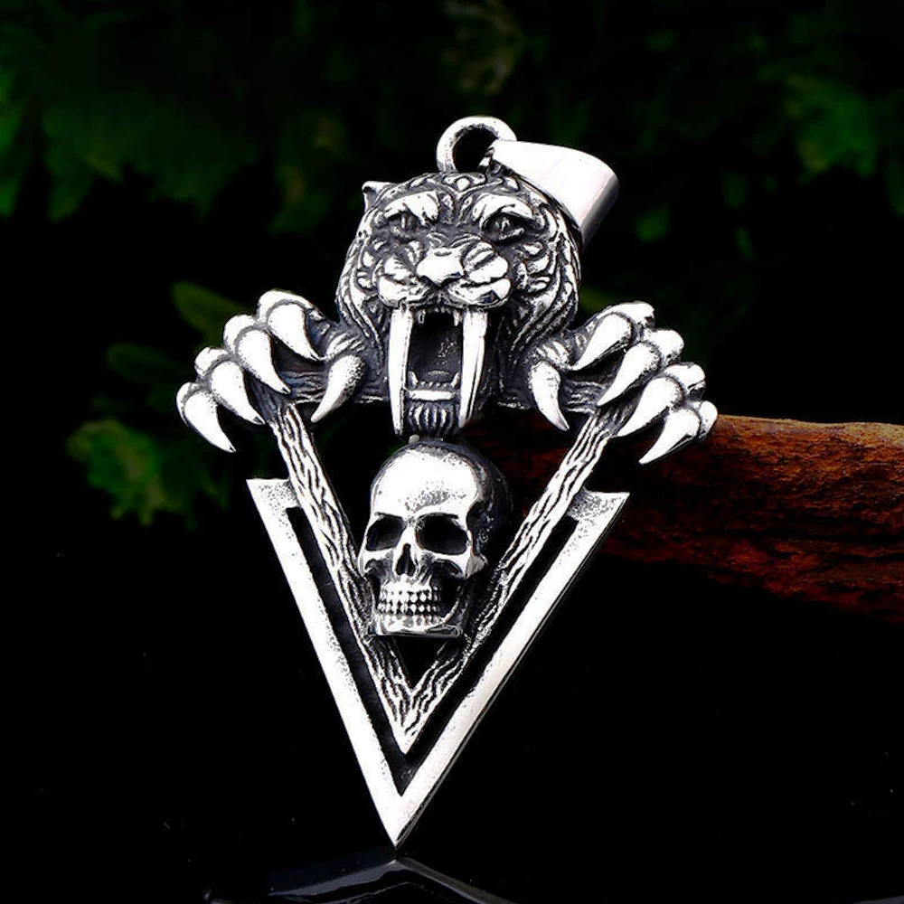 Gothic Boy Skull Pendant Necklace Retro Nordic Stainless Steel Sabre Tooth Tiger Pendant Men Chain Fashion Viking Jewelry Gift