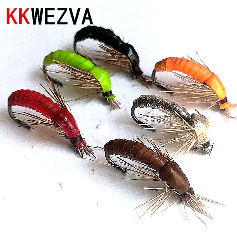 KKWEZVA 18PCS Color Silicone Material Sinking Nymph Scud Fly Bug Worm Trout Fishing Flies Artificial Insect Fishing Bait Lure