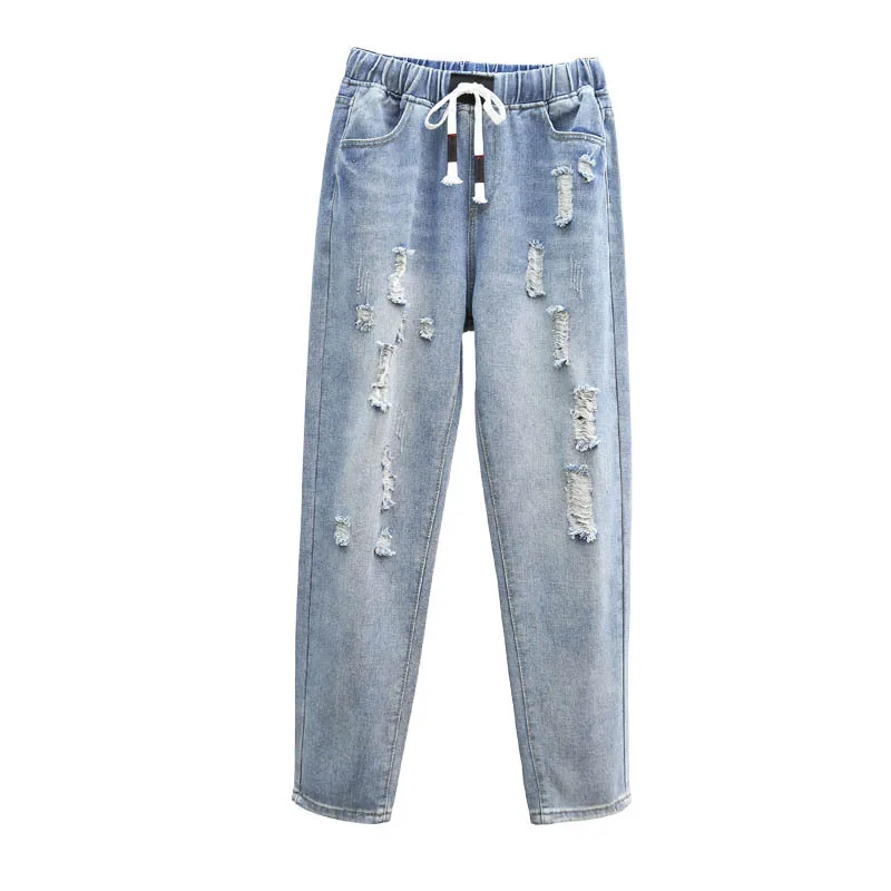 1823 calças de brim harém das mulheres tamanho grande 5xl solto hip hop streetwear na moda buraco risco cordão fina luz azul denim calças femininas