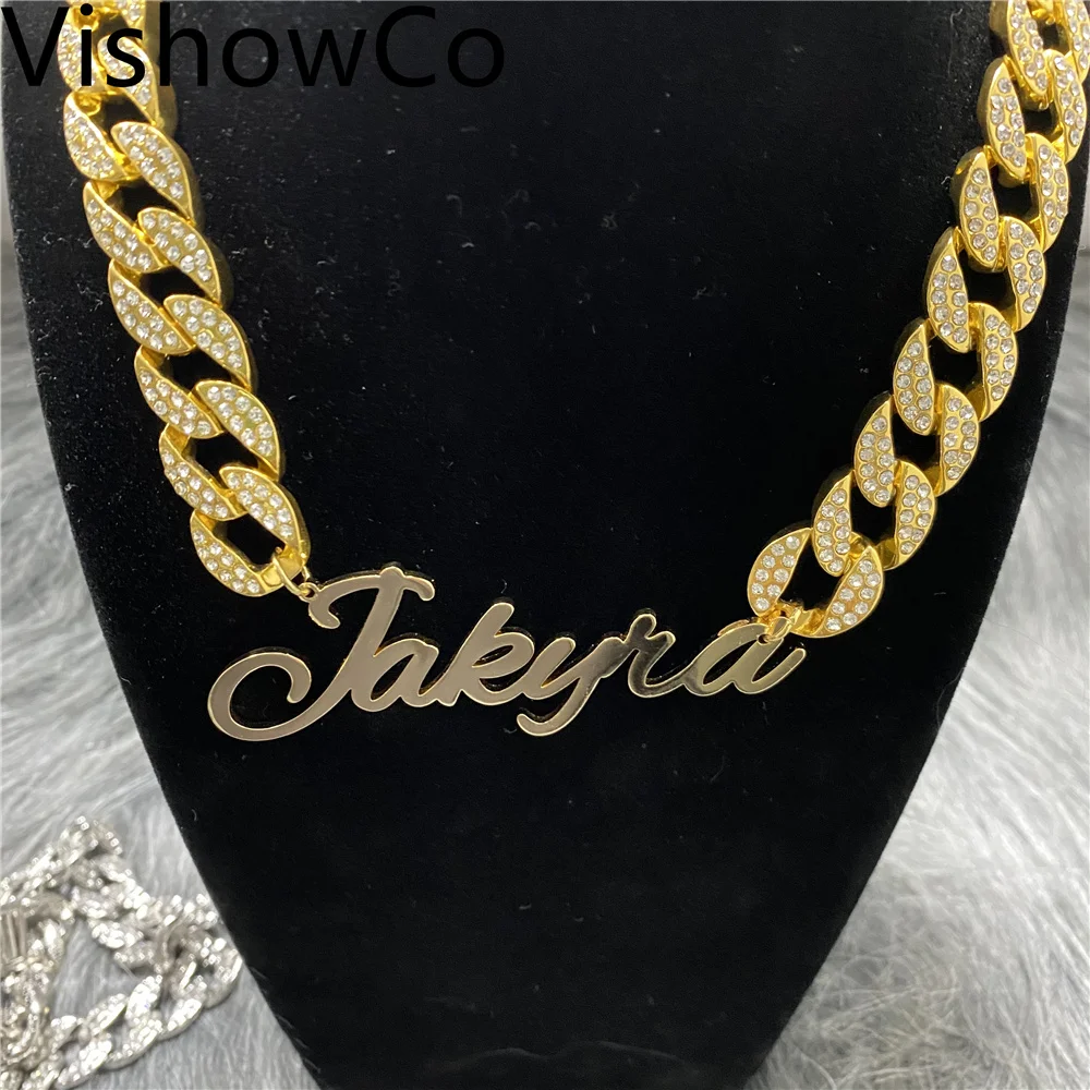 

VishowCo Zircon Necklace Personalized Custom Name Necklace Cuban Chain Stainless Steel Letter Pendant Necklace Women Gifts