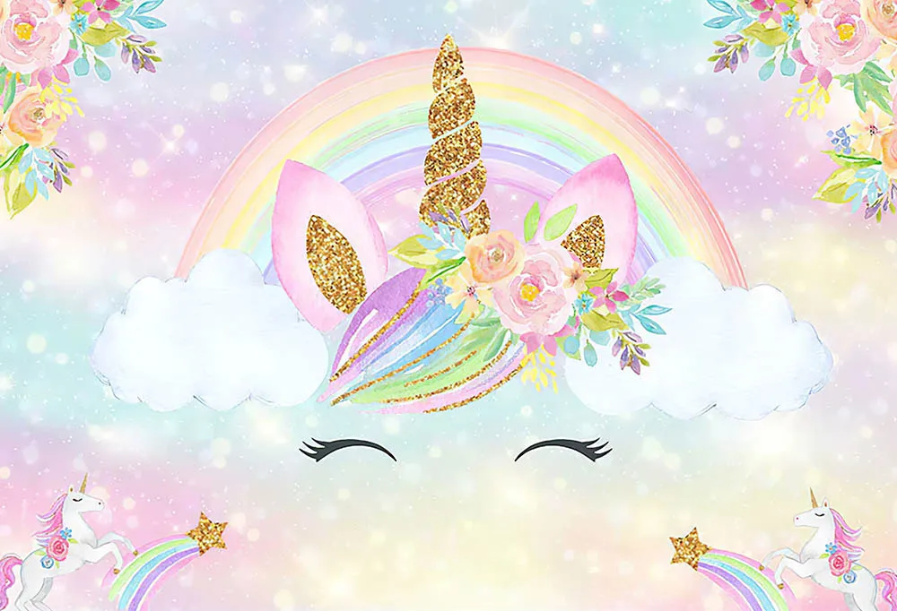 Fondo de unicornio con tema de feliz cumpleaños, Fondo de foto Floral, arcoíris, unicornio, niña, cumpleaños, Baby Shower, decoración de fiesta