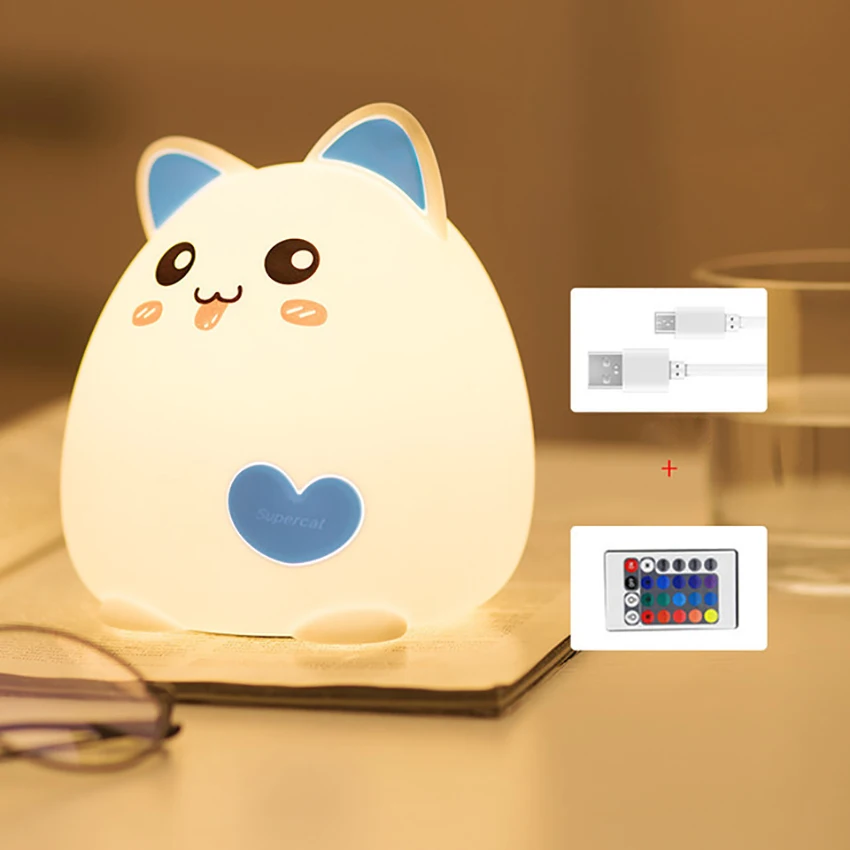 Cute Cat Night Light for Kids, Tap/ Remote Control, Portable Warm Light & Color Changing Silicone Baby Nightlight for Birthday