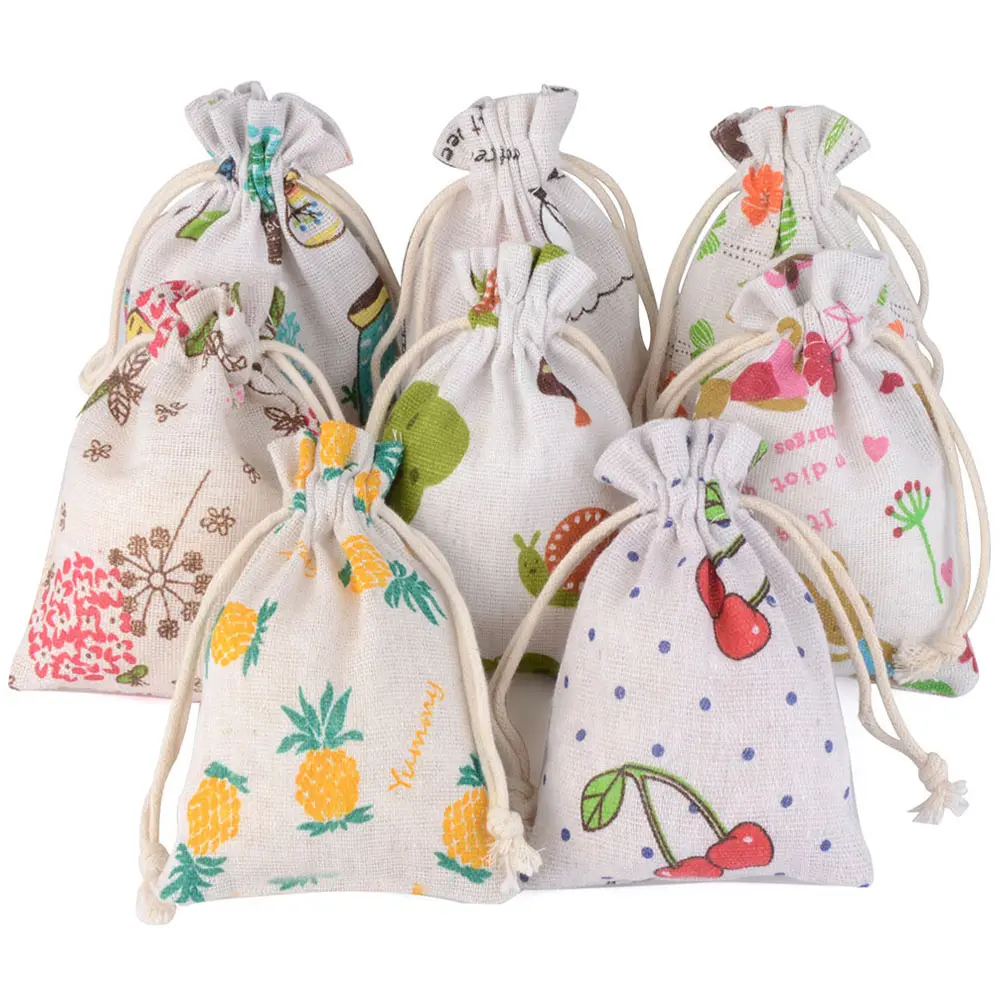 10pcs/lot 10x14cm Linen Cotton Bag Lovely Prints Drawstring Pouch Cosmetic Wedding Candy Gift Jewelry Packaging Bags