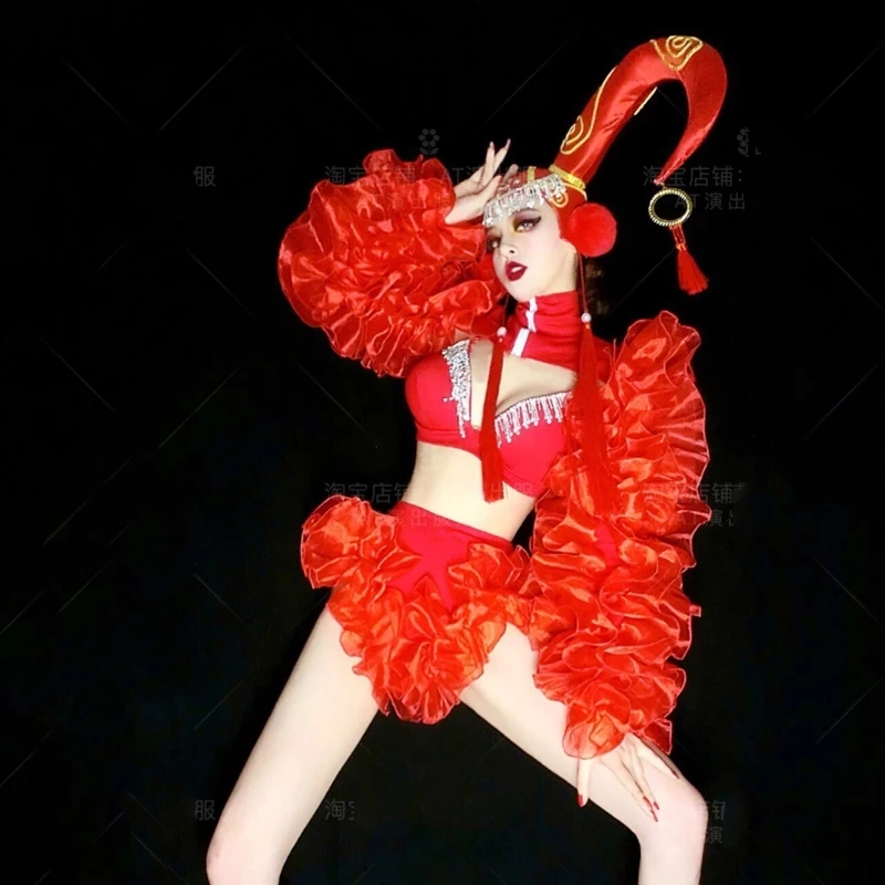 

Nightclub show singer Stage Performance Red Bikini Suit Female Singer Pole Jazz Dance Costume