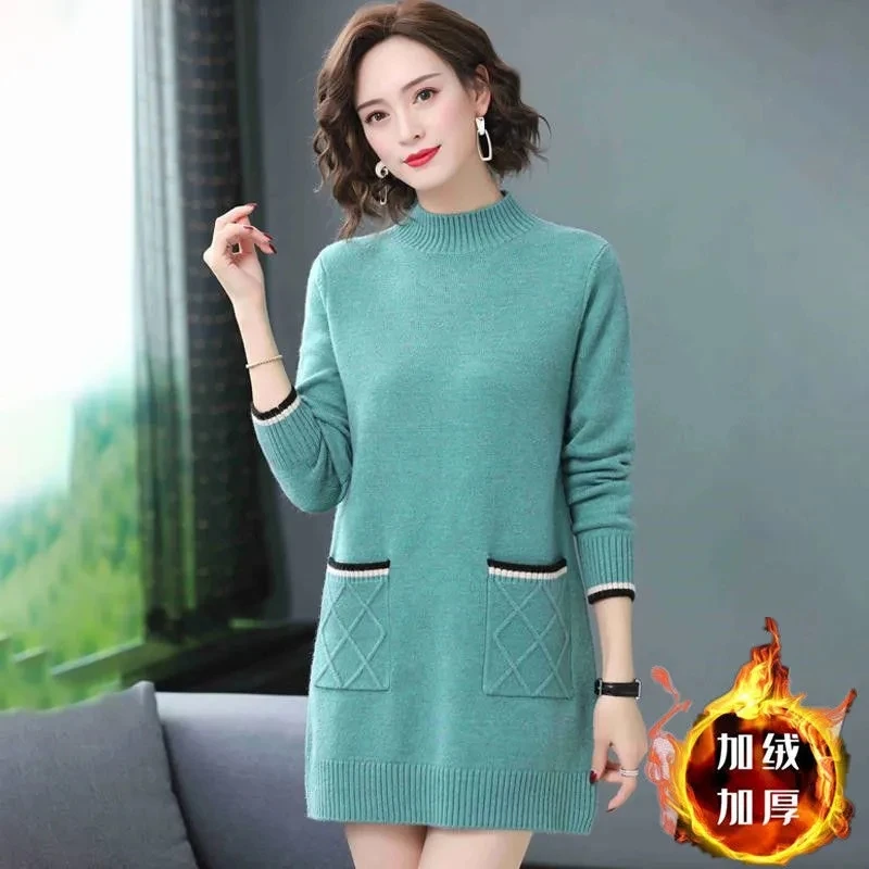 Autumn Women Half Turtleneck Sweater Pullover New Long Sleeve Pocket Pull Knitted Sweater Middle-aged Elderly Female Jumper Tops