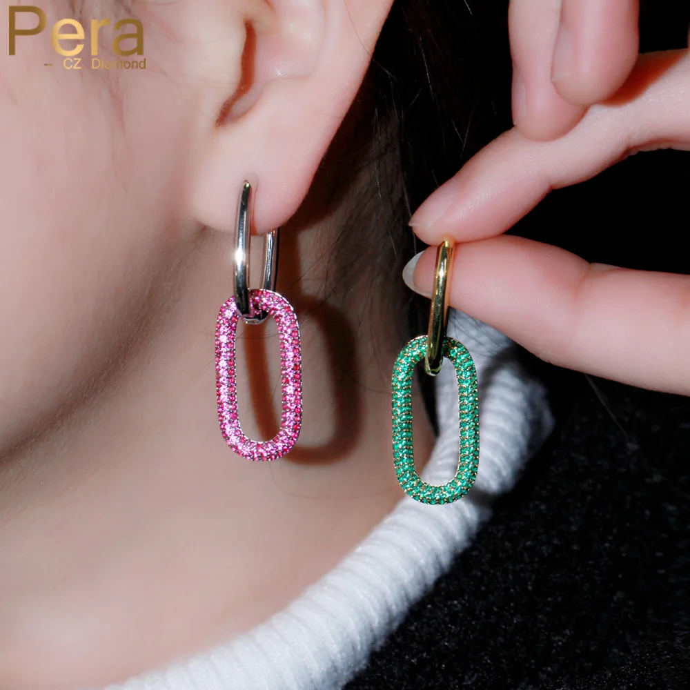 

Pera Trendy 1 Pieces Red Green Cubic Zirconia Long Double Oval Shape Link Huggie Dancing Party Hoop Earrings for Ladies E683
