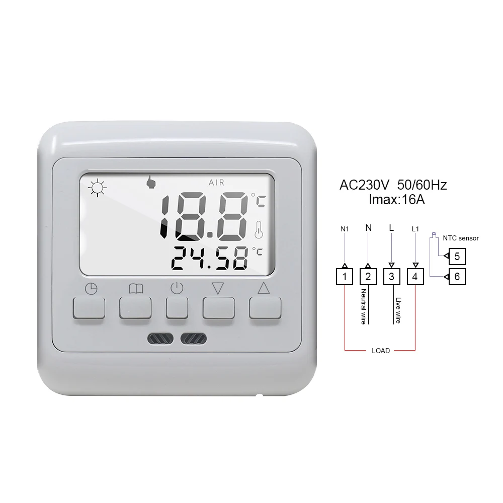 Floor Heating Thermostat Weekly Programmable Room Temperature Controller Regulator White LCD Backlight with NTC Sensor