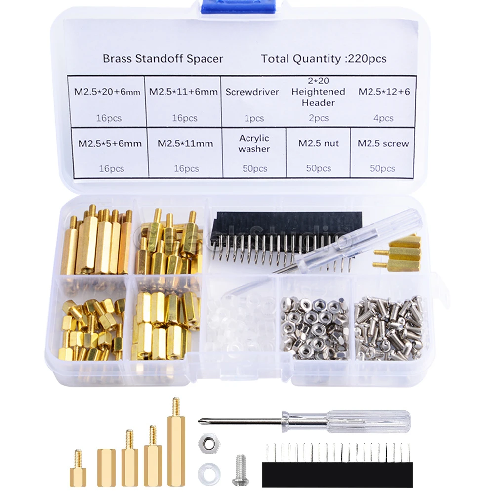 Raspberry Pi Screws Kit 220pcs Waterproof M2.5 Copper Steel Hex Socket Male-Female Standoff Screws Box Nut Kit Assortment Set