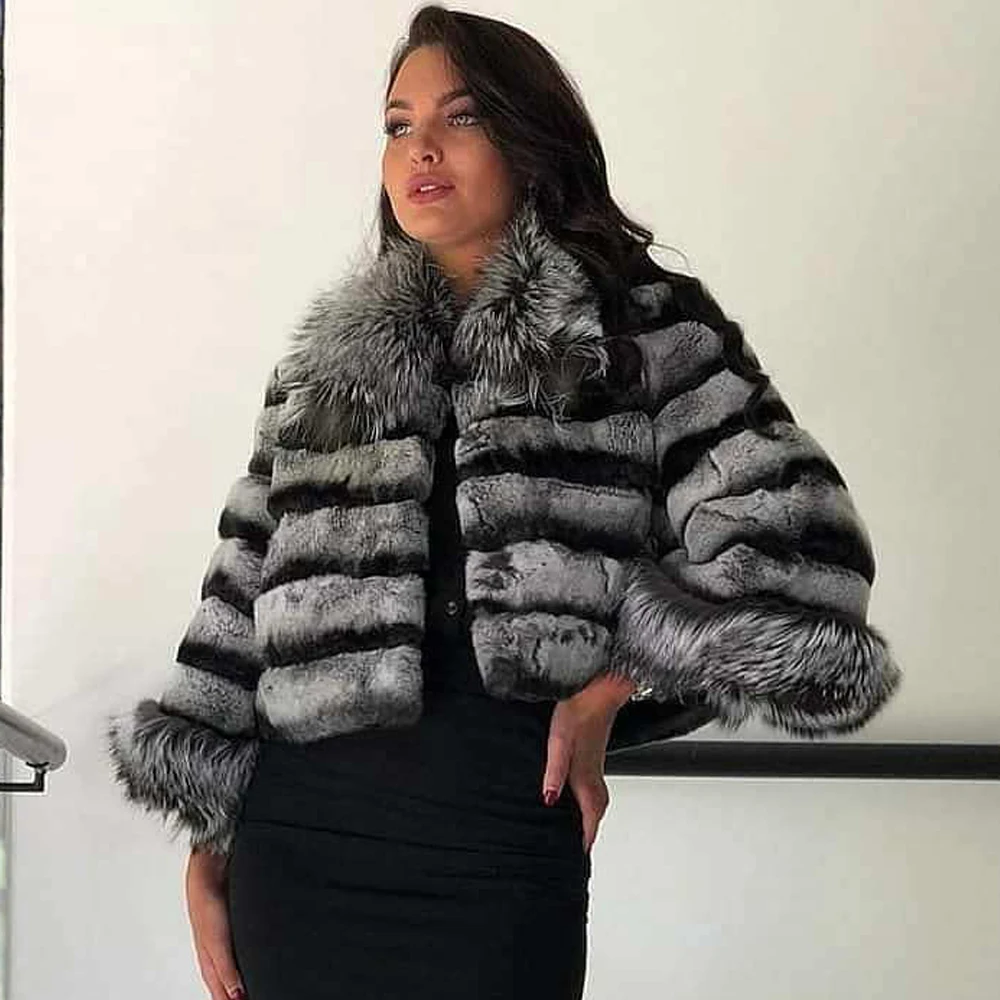 Real Rex Rabbit Fur Jacket with Silver Fox Fur Stand Collar Luxury Woman Short Fur Overcoats Winter Fashion Rex Rabbit Fur Coats